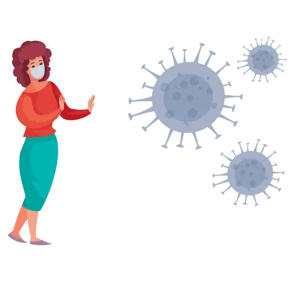 Maskerad kvinna stängsel av ett virus som flyger runt henne, isolerat objekt på vit bakgrund, vektor illustration, — Stock vektor