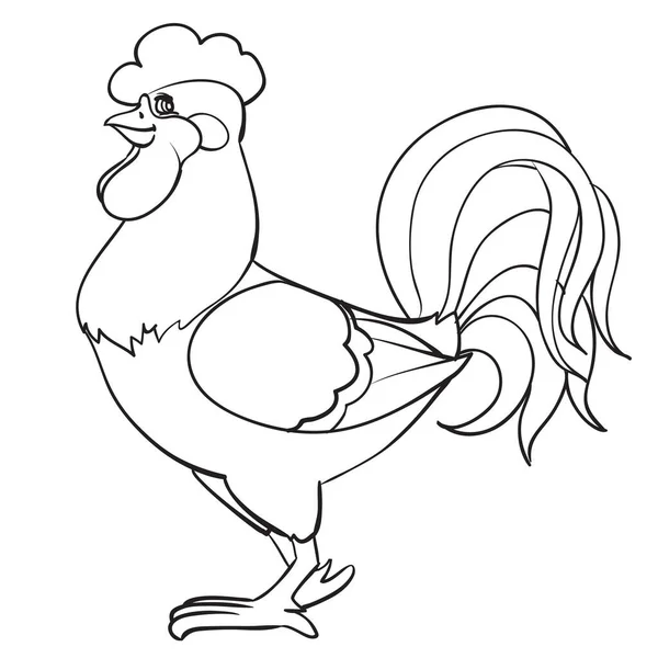 A rooster stands among grass and flowers, a drawing is made in the contour, an isolated object on a white background, vector illustration — Stock Vector