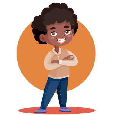 Afrikalı küçük bir çocuk kollarını kavuşturmuş, beyaz arka planda izole edilmiş bir nesne, vektör çizimi,