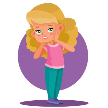 Sarışın küçük bir kız elleri yüzü üzerinde duruyor ve bir şeyi merak ediyor, beyaz arka planda izole edilmiş bir nesne, vektör çizimi.,