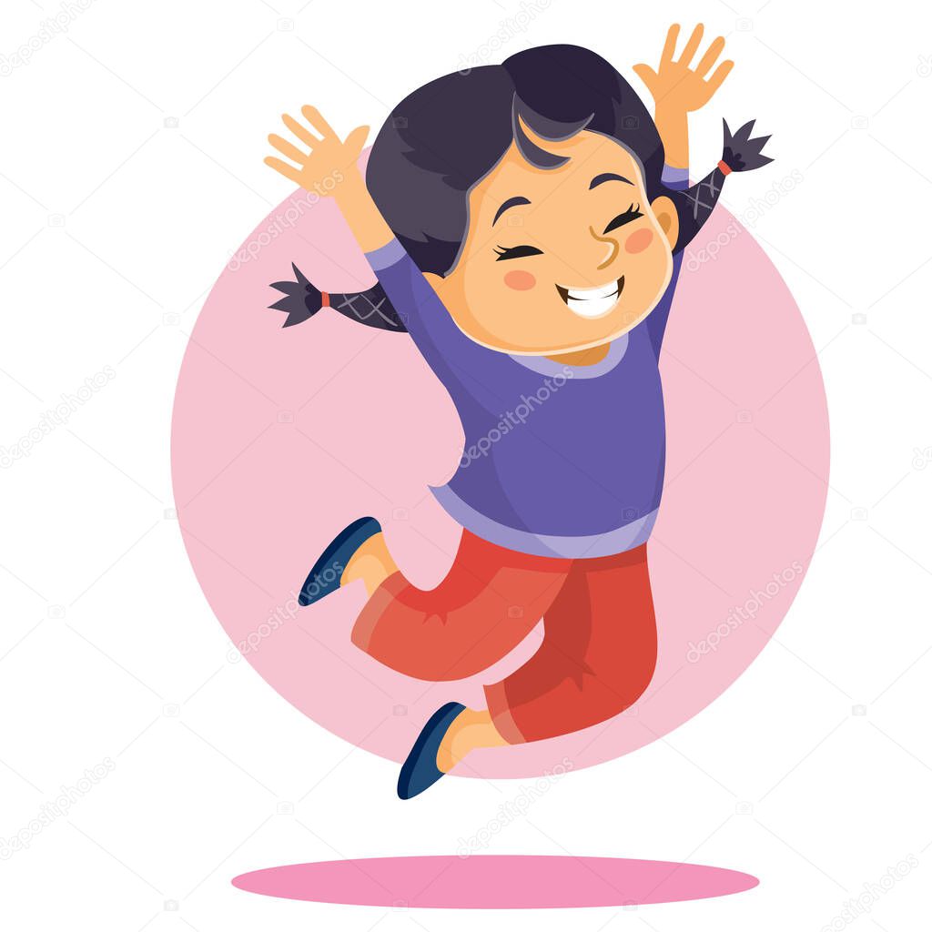 girl of Asian appearance bounces up in delight with arms raised up, isolated object on a white background, vector illustration,