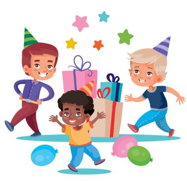 Çocuklar mutlu bir bayramı kutluyorlar ve içinde hediyeler olan büyük kutular sunuluyor, beyaz arka planda izole edilmiş nesneler, vektör illüstrasyonları.,