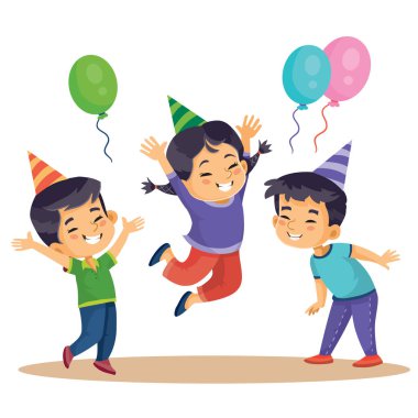Komik çocuklar mutlu bayramı balonlarla kutluyor, beyaz arka planda izole edilmiş nesne, vektör illüstrasyonu,
