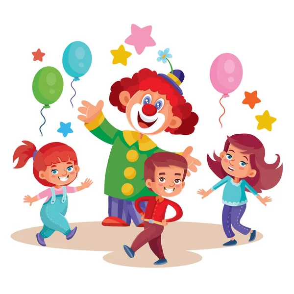 Kinderurlaub mit Clownskindern mit Luftballons, isoliertes Objekt auf weißem Hintergrund, Vektorillustration, — Stockvektor