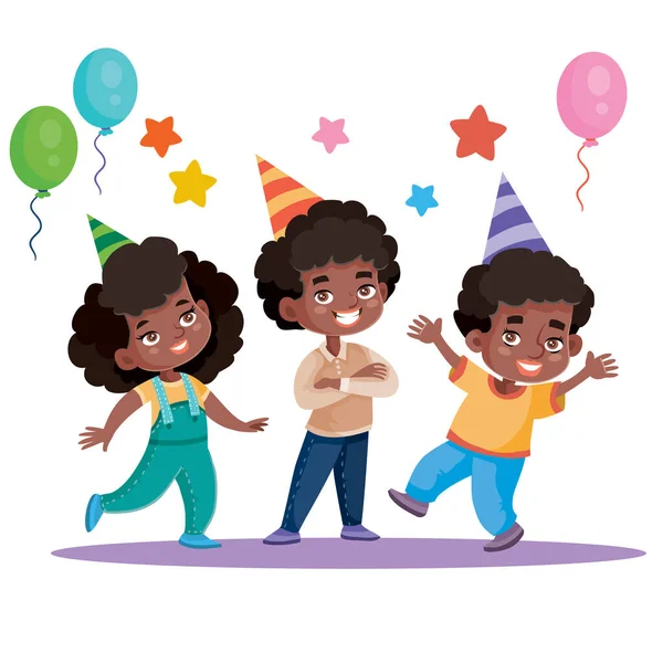 Αστεία παιδιά γιορτάζουν χαρούμενες διακοπές με μπαλόνια, απομονωμένο αντικείμενο σε λευκό φόντο, διανυσματική απεικόνιση, — Διανυσματικό Αρχείο