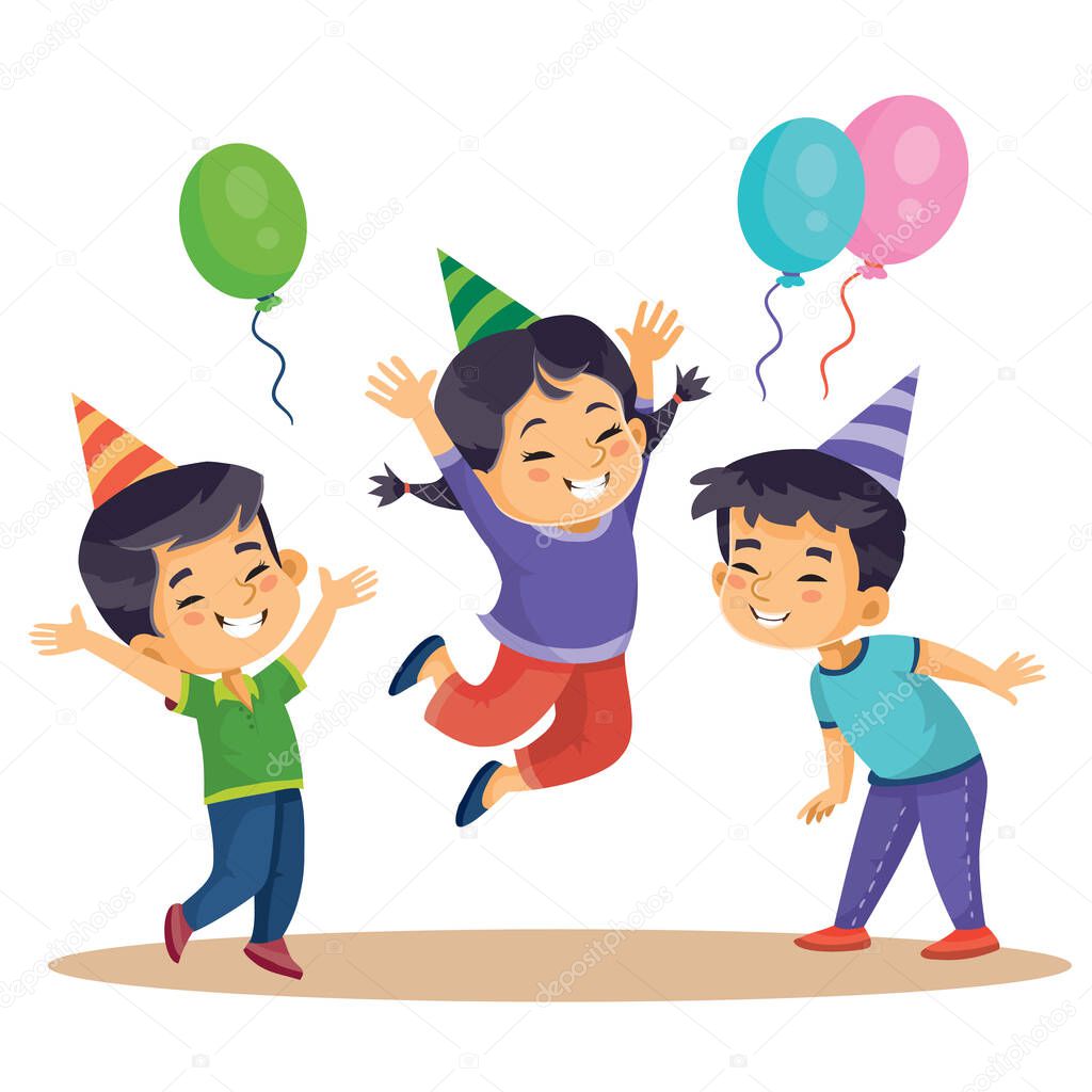 funny children celebrate happy holiday with balloons, isolated object on white background, vector illustration,