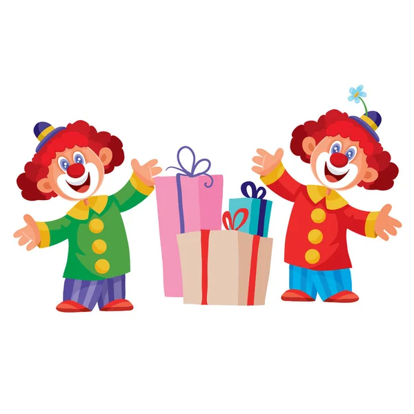 Set aus zwei Clowns und Schachteln mit Geschenken, isoliertes Objekt auf weißem Hintergrund, Vektorillustration, — Stockvektor