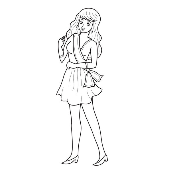 girl in a short evening dress stands with a flower in her hands, drawing in outline, isolated object on a white background,