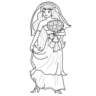 Gelin elinde büyük bir buket çiçek, çizim, beyaz arka planda izole bir nesne, vektör illüstrasyon,