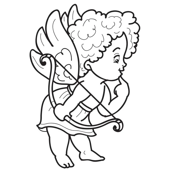 El carácter de un niño ángel se dibuja en el contorno, sostiene un luket en sus manos y mira con interés, bosquejo, colorear, objeto aislado sobre un fondo blanco, ilustración del vector , — Vector de stock