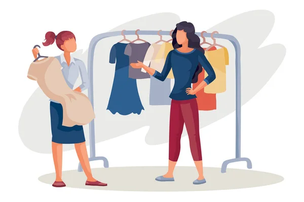 A woman in trousers and with a red bag in a store wants to buy a dress, the seller a woman offers her options, vector image, — Stock Vector