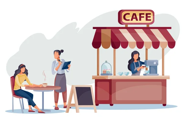 Eine Frau sitzt auf der Straße an einem Stokiokm neben einem Café und der Kellner serviert es, der Verkäufer steht an der Kasse in einem Café, vetory Illustration, — Stockvektor