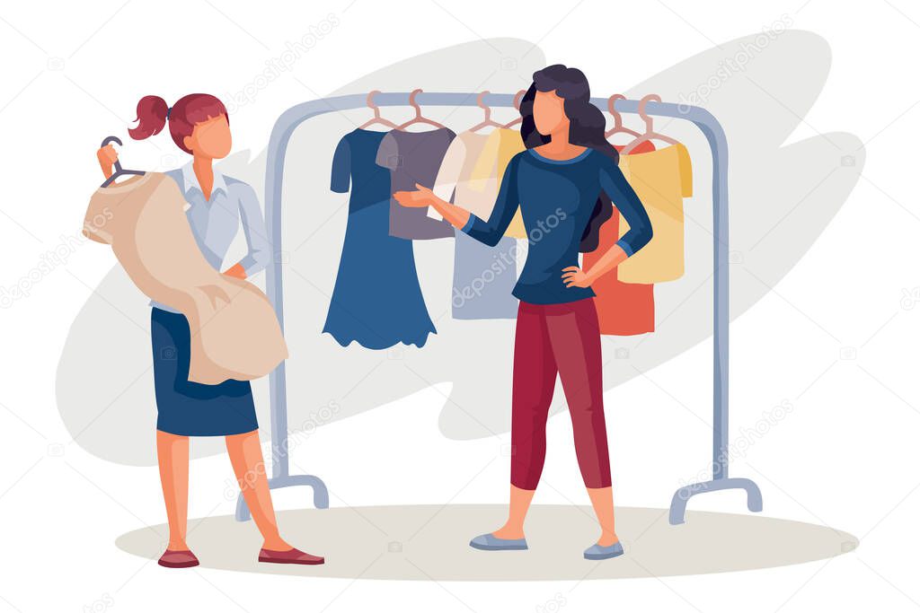 a woman in trousers and with a red bag in a store wants to buy a dress, the seller a woman offers her options, vector image,