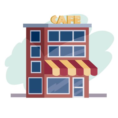 Zemin katta kırmızı üzerine kırmızı binalar var. Kafe, beyaz arka planda izole bir nesne, vektör illüstrasyonu.,