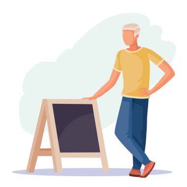 Bir adam menü tahtasının yanında duruyor ve eli ile üzerinde duruyor, beyaz arka planda izole bir nesne, vektör illüstrasyon,