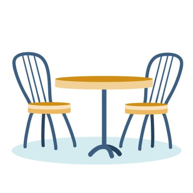 iki sandalye ve bir kafe veya restoran için bir masa, beyaz arkaplanda izole bir nesne, vektör illüstrasyon,