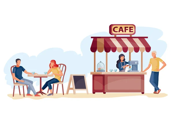 I ett café på gatan, en man och en kvinna sitter vid ett bord, säljaren står vid kassan och ger en check till en annan man, vektor illustration, — Stock vektor