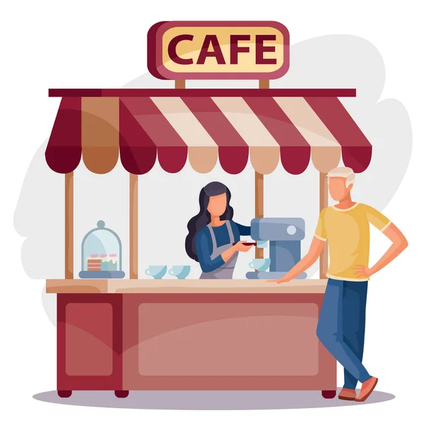 Mujer en un café se encuentra en la caja registradora y vende café al comprador al hombre, objeto aislado sobre un fondo blanco, ilustración vectorial , — Vector de stock