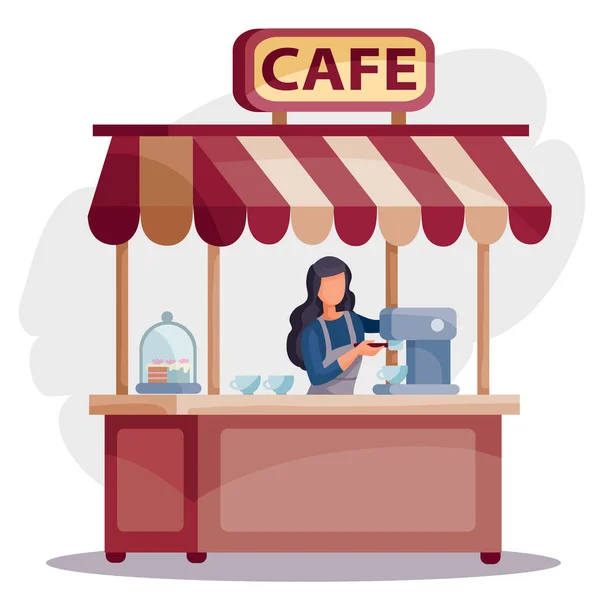 Mulher em um café fica na caixa registradora e faz café, objeto isolado em um fundo branco, ilustração vetorial , — Vetor de Stock