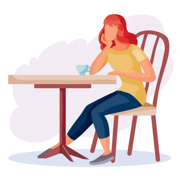 Kvinna kom till ett café på en dejt och sitter ensam vid ett fyrkantigt bord och väntar, isolerade objekt på en vit bakgrund, — Stock vektor