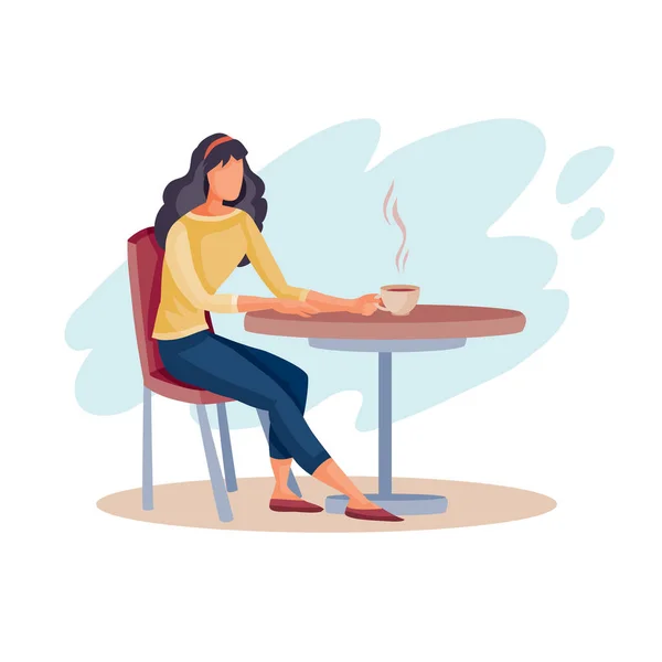 Woman came to a cafe on a date and sits alone at a square table and waits, isolated object on a white background, — Stock Vector