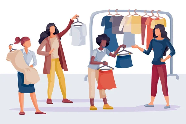 Kvinnor i butiken köpa sig kläder, klänning, blus, isolerade föremål på en vit bakgrund, vektor illustration, — Stock vektor