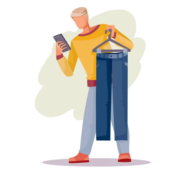 Hombre sostiene una percha con pantalones en las manos y mira su teléfono, objeto aislado sobre un fondo blanco, ilustración vectorial , — Vector de stock