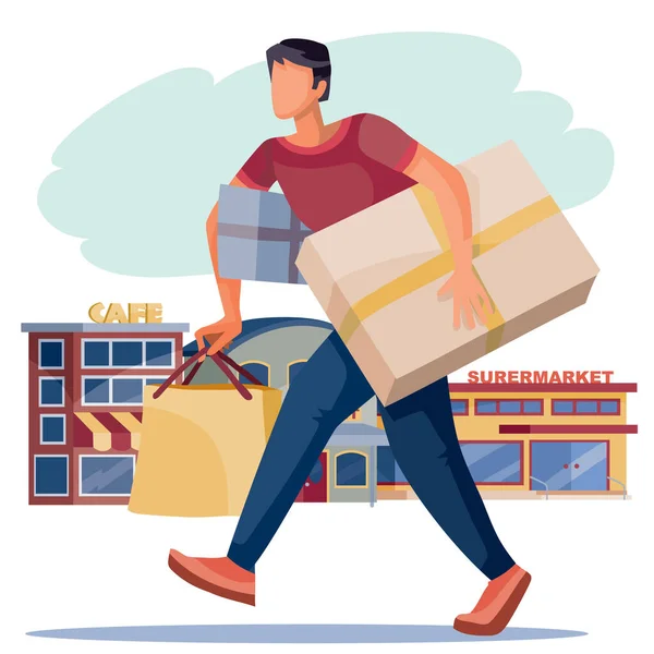 Un hombre lleva un gran número de compras y cajas, sobre el fondo de tiendas y cafeterías, un objeto aislado sobre un fondo blanco, ilustración vectorial , — Vector de stock