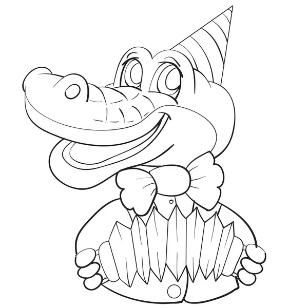 Personagem de desenho animado de um crocodilo em um boné, em um laço e com um acordeão em suas patas, esboço, objeto isolado em um fundo branco, ilustração vetorial , — Vetor de Stock