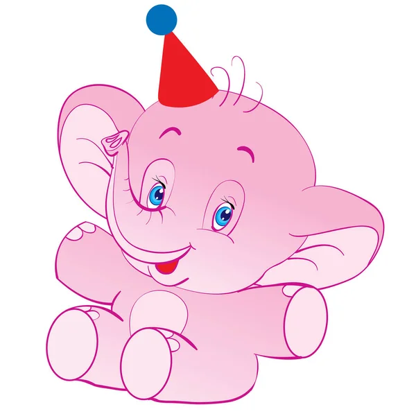 Character of a cheerful pink elephant in a party hat, isolated object on white background, vector illustration, — Stock Vector