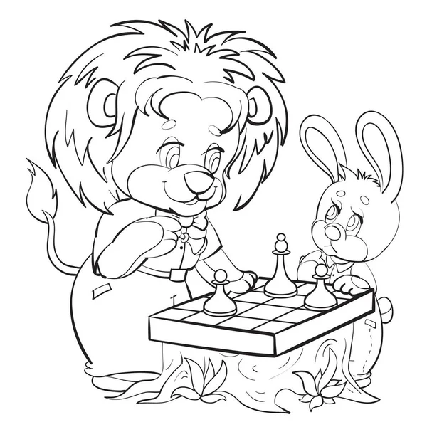 León y liebre personajes juegan ajedrez, dibujos animados, objeto aislado sobre fondo blanco, boceto, ilustración vectorial , — Vector de stock