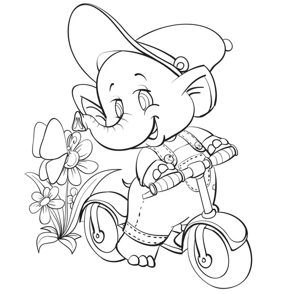 Bosquejo del carácter de un elefante que monta un scooter entre flores y mariposas, colorear, objeto aislado sobre un fondo blanco, ilustración vectorial , — Vector de stock