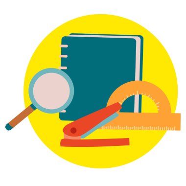 Not defterinden okul ve ofis için kırtasiye malzemesi, büyüteç, açıölçer ve zımba, beyaz arkaplanda izole edilmiş nesne, vektör illüstrasyonu,