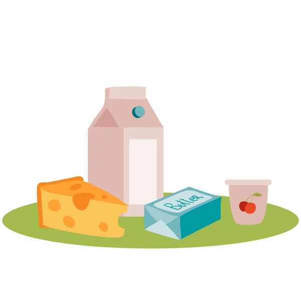 Conjunto de produtos lácteos, objeto isolado sobre fundo branco, ilustração vetorial , — Vetor de Stock