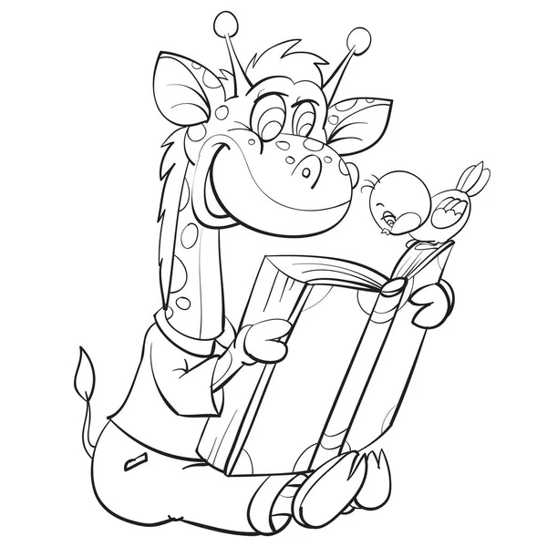 Boceto de un personaje de jirafa sentado en el suelo y leyendo un libro, libro para colorear, objeto aislado sobre un fondo blanco, ilustración vectorial , — Vector de stock