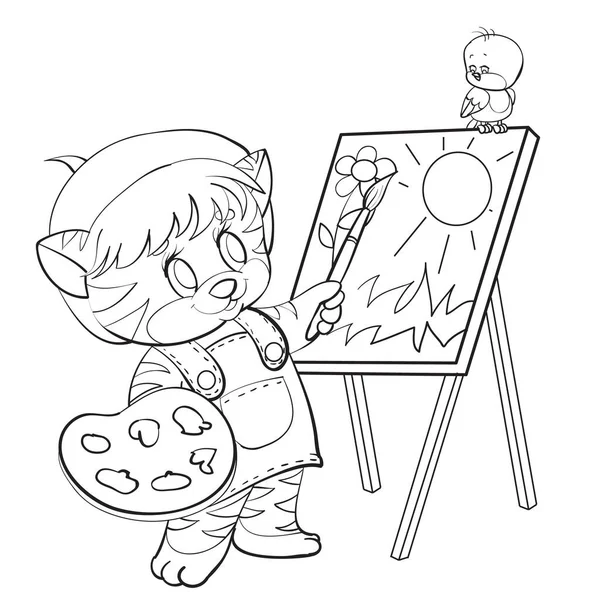 Boceto de un personaje gatito que en un biret y con un pincel en las patas dibuja un cuadro, colorante, objeto aislado sobre un fondo blanco, ilustración vectorial , — Vector de stock