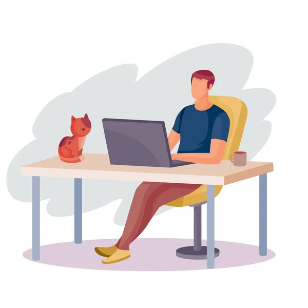 Muž pracující na notebooku sedícím u stolu, na kterém sedí červená kočka, izolovaný objekt na bílém pozadí, vektorová ilustrace, — Stockový vektor