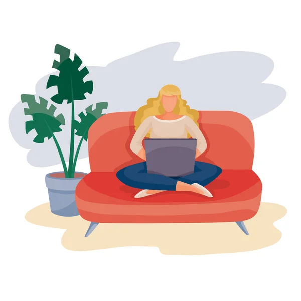 Chica sentada en el sofá con las piernas cruzadas y trabajando en un ordenador portátil, detrás del sofá es una planta de interior, objeto aislado sobre un fondo blanco, ilustración vectorial , — Archivo Imágenes Vectoriales