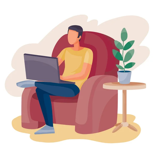 Man sitting in a chair and working on a laptop, freelance, isolated object on a white background, vector illustration, — Stock Vector