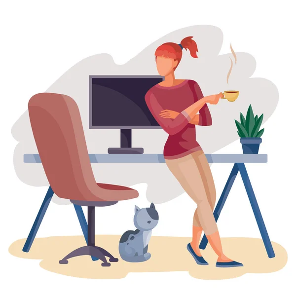Una donna si trova accanto all'acciaio su cui si trova il monitor, accanto ad esso si trova una sedia da lavoro e un gatto si siede sul pavimento, riposo, freelance, oggetto isolato su uno sfondo bianco, illustrazione vettoriale , — Vettoriale Stock