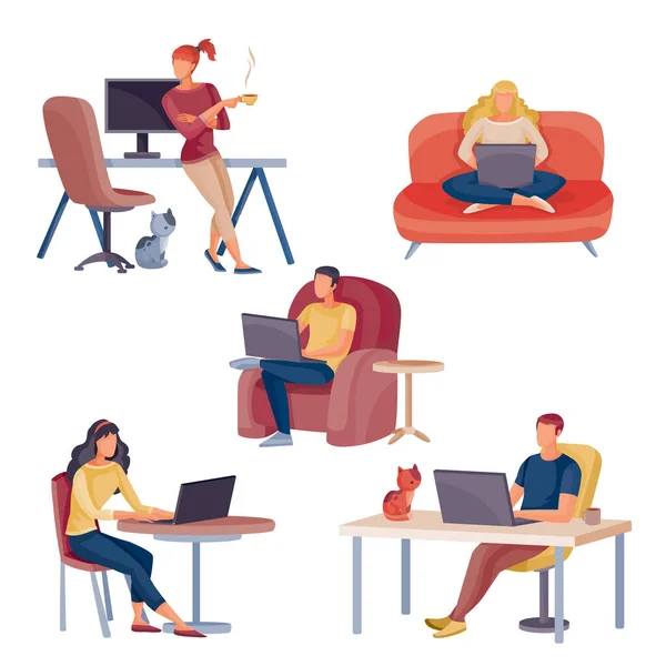 Conjunto de freelancers que trabalham em seus computadores em casa ou em um café, objeto isolado em um fundo branco, ilustração vetorial , — Vetor de Stock