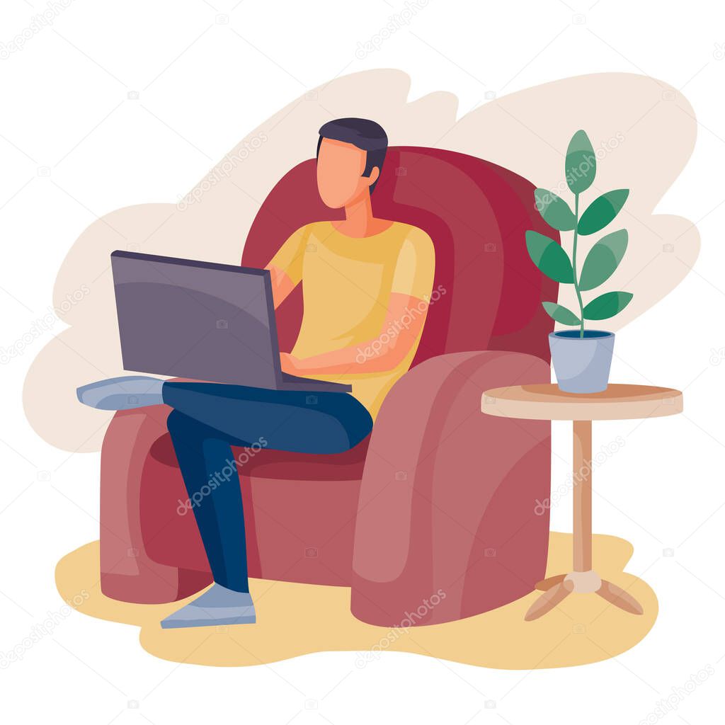 man sitting in a chair and working on a laptop, freelance, isolated object on a white background, vector illustration,