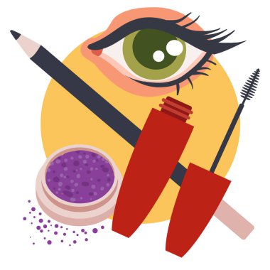 Maskara kozmetik seti, göz kalemi, pigment ve güzel göz, beyaz arkaplandaki izole nesne, vektör çizimi,