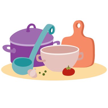 Bir çorba kepçesinden yemek pişirmek ve tahta kesmek için mutfak gereçleri beyaz arka planda izole bir nesne, vektör illüstrasyonu,