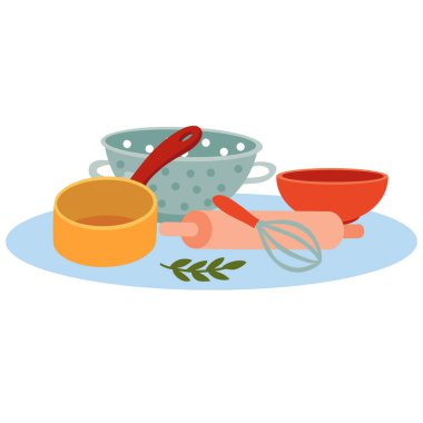 Yemek pişirmek için mutfak gereçleri drushlak, kepçe, kırbaç ve merdane, beyaz arka planda izole nesne, vektör çizimi,