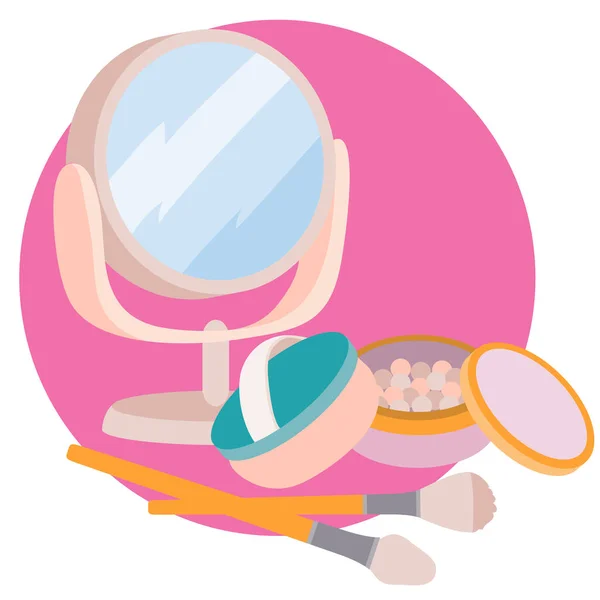 Conjunto de cosméticos de un espejo de polvo y pinceles de maquillaje, objeto aislado sobre un fondo blanco, ilustración vectorial , — Vector de stock