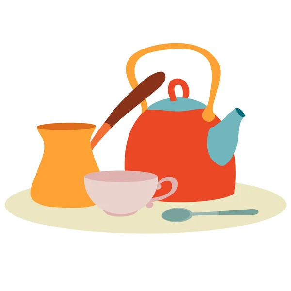 Juego de utensilios de cocina de una tetera, tazas, cafeteras y cucharas, objeto aislado sobre un fondo blanco, ilustración vectorial , — Archivo Imágenes Vectoriales