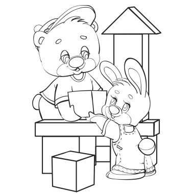 Beyaz arkaplanda büyük küplerden, renklerden, izole nesnelerden oluşan bir kule inşa eden bir tavşan ve ayı karakterlerinin çizimi, vektör çizimi,