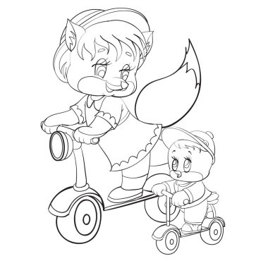 Beyaz arka planda mobiletlerle, renklerle, izole edilmiş nesnelerle gezen tilki ve tavuk karakterlerinin çizimi.,