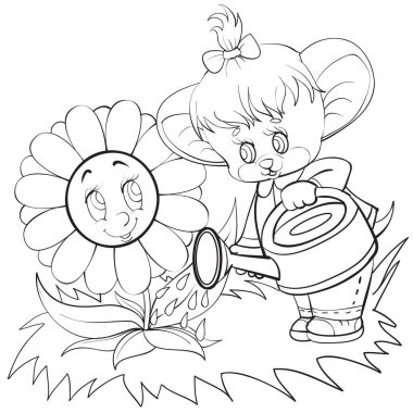 Başında bir fiyonk olan bir farenin tasviri. Minnettar olduğu daha büyük bir çiçeği suluyor. Beyaz arka planda renkli, izole edilmiş bir nesne.,